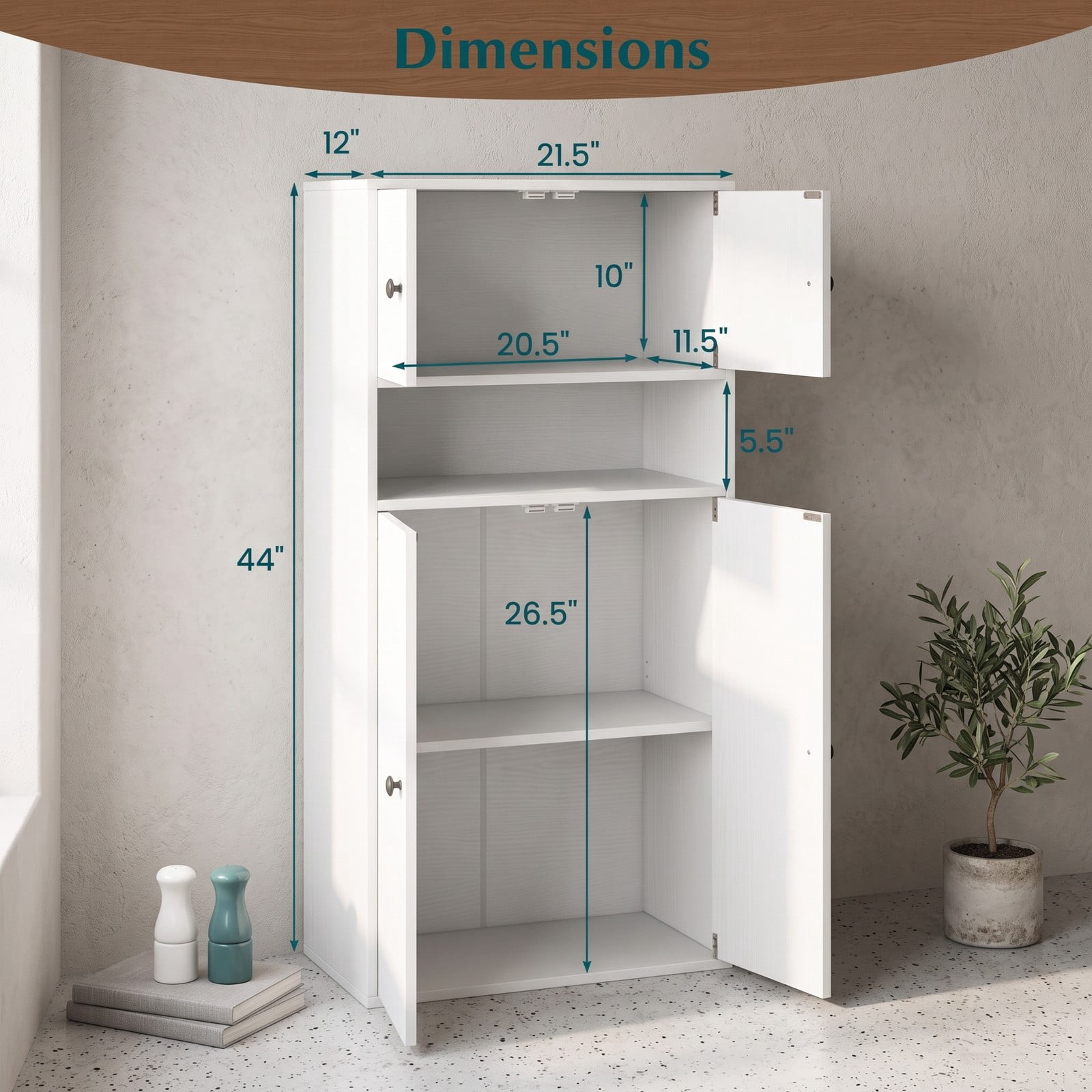 Furnibear 44 Inch Tall Bookshelf with Doors and Adjustable Shelf, Wood Storage Bookcase Cabinet with 2 Enclosed Cabinets and Open Compartment for Home Office, White