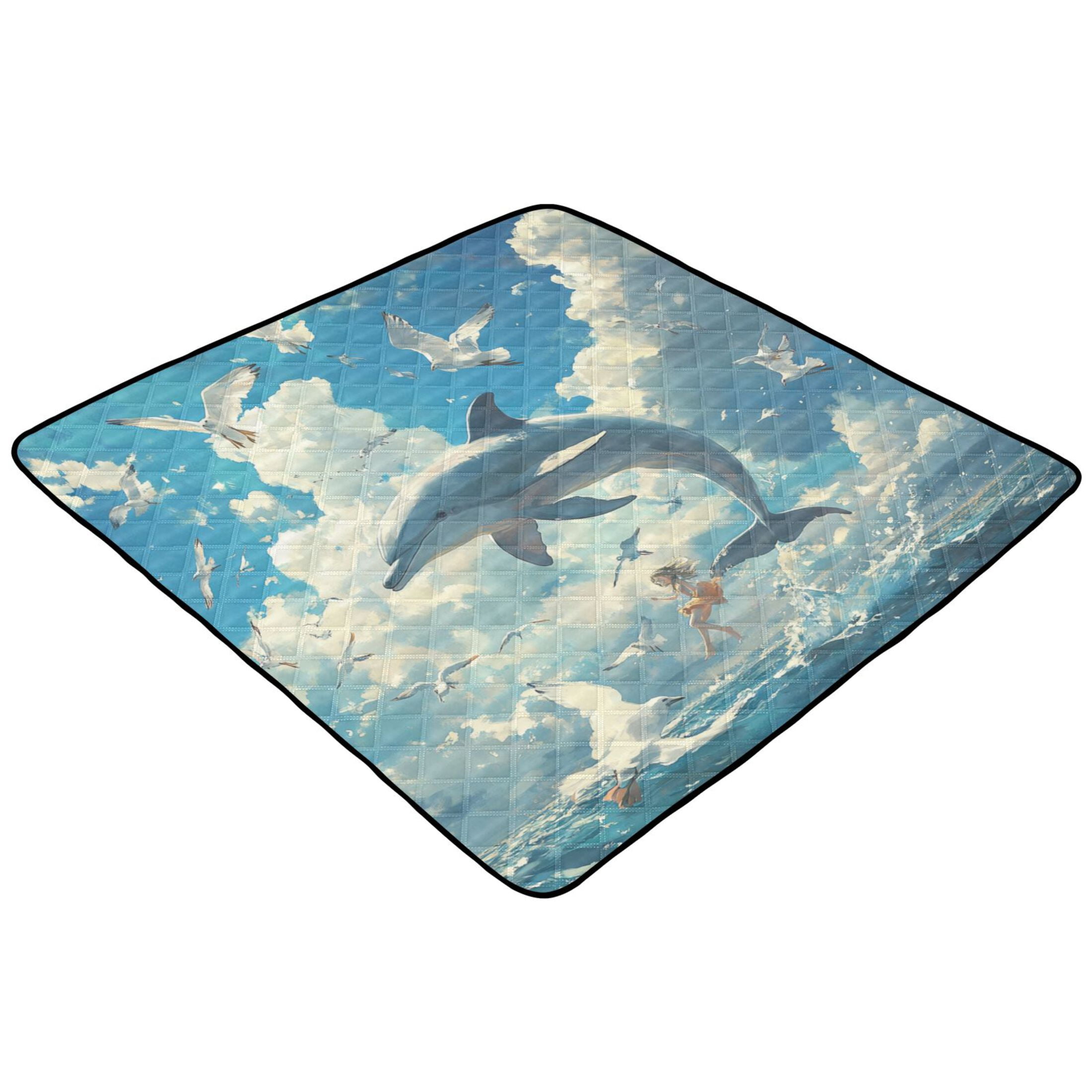 WOBOGO Dolphins Collide with Seagulls Baby Playmats Extra Large Waterproof Rollable Activity Pads for Toddlers 50×50inch