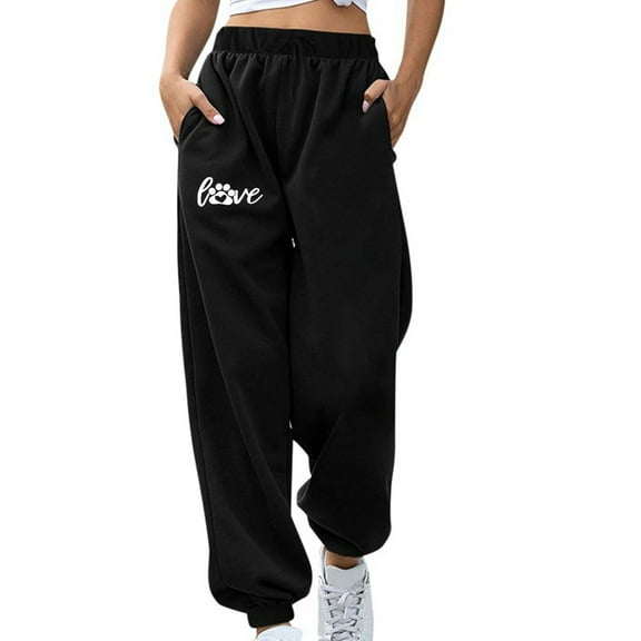 Trushirts Women's Casual 100% Polyester Sweatpants - Loose Fit, Elastic Waist, Side Pockets, Love & Paw Print Graphic, Black, Size 2XL for Lounge/Errands/Light Exercise