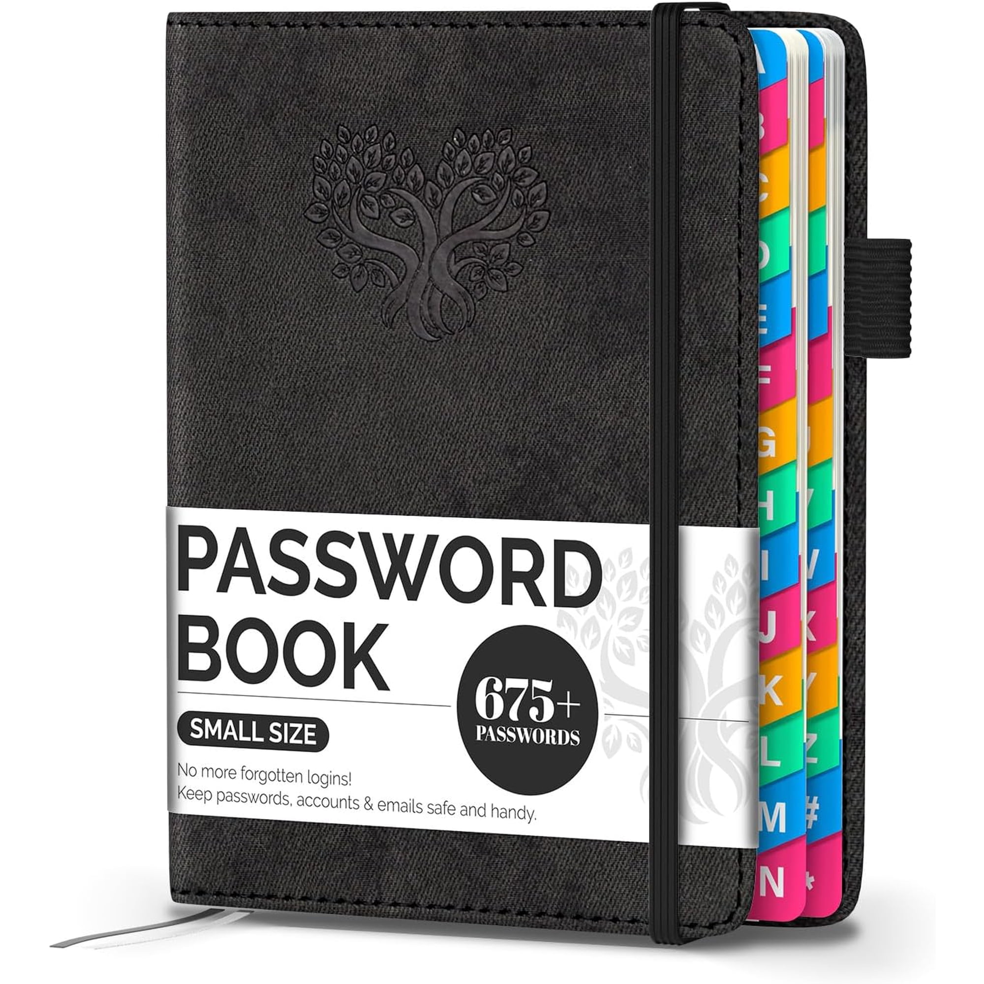Password Keeper Book with Colorful Alphabetical Tabs, Small Internet Password Book for Seniors, Password Organizer for Website Logins (Black, 4.7''x6.2'')