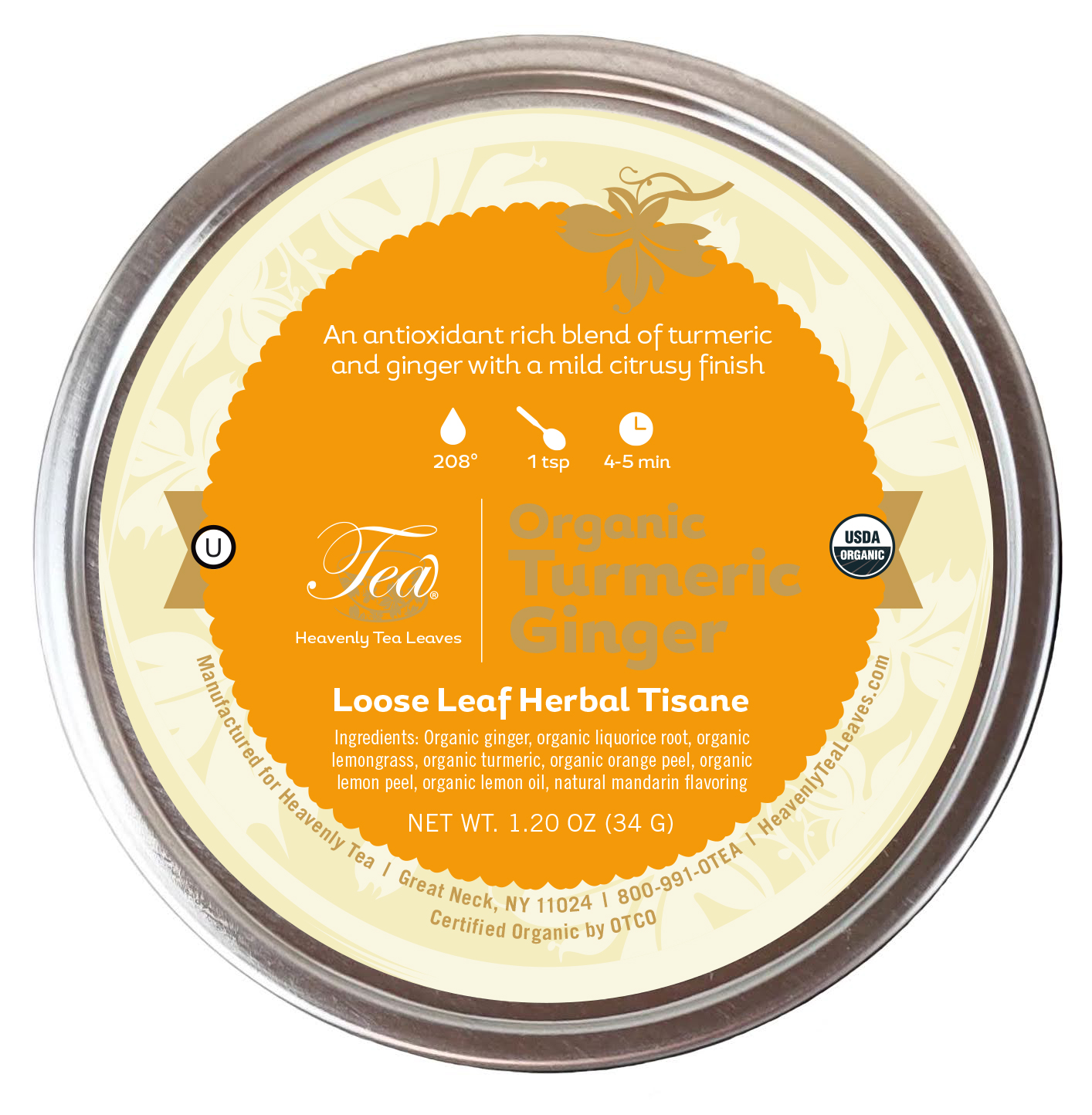 Heavenly Tea Leaves Organic Turmeric Ginger, Loose Leaf Herbal Tea Tin
