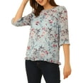 thumbnail image 5 of INSPIRE CHIC Women's Tops 3/4 Sleeves Ruffle Hem Floral Chiffon Shirt Blouses M Grey Blue-3, 5 of 7