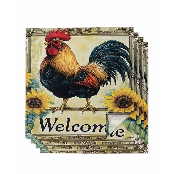 nqOlkjepod Vintage Rooster Cloth Napkins Set of 4 Reusable Dinner Napkins, Yellow Sunflower Summer Flowers Cocktail Napkin Washable Table Napkins for Wedding/Holiday Party/Baby Shower 20"x20"
