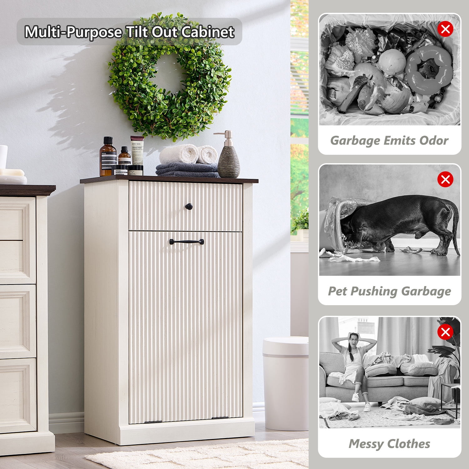 10 Gallon Tilt-Out Trash Can Cabinet, Modern Laundry Hamper Cabinet with Drawers, Hidden Garbage Can Cabinet for Kitchen and Living Room