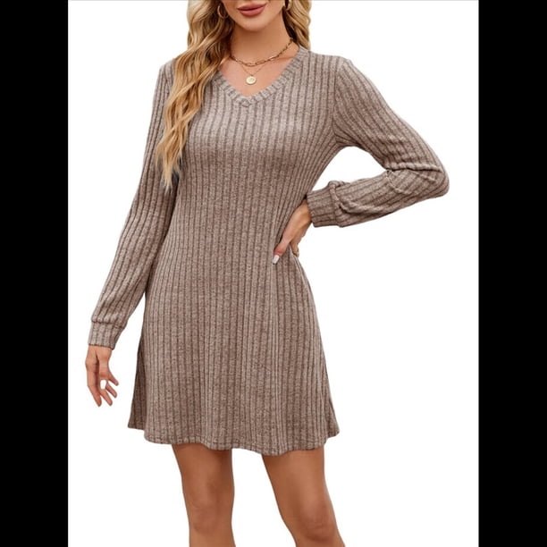 Vestido Tipo Suéter de Punto de Larga para Mujer, Estilo Túnica Informal con Cuello en V, Conjuntos de Moda para Otoño. Caqui L