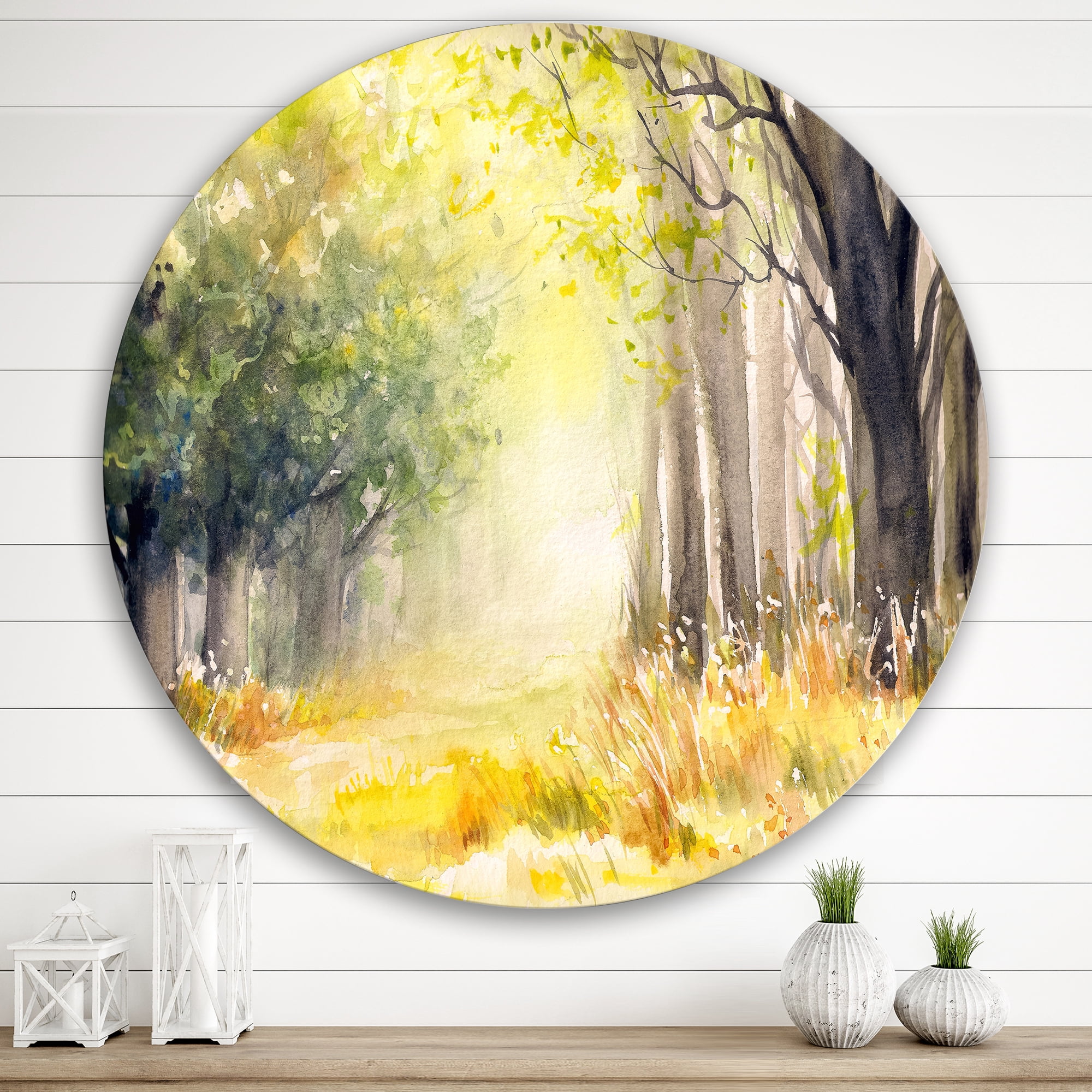 Designart 'Bright Sunshine Through The Yellow Forest Trees III' Traditional Circle Metal Wall Art 36x36 - Disc of 36