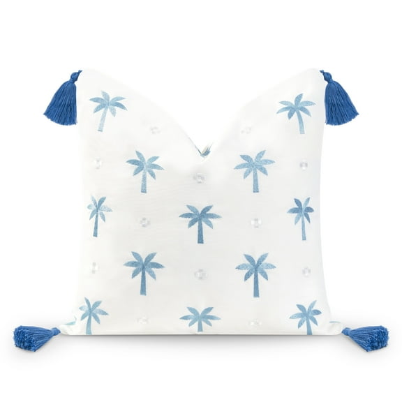 Hofdeco Premium Coastal Hampton Style Patio Indoor Outdoor Pillow Cover Only, 20"x20" Water Resistant for Backyard, Couch, Baby Blue Embroidered Palm Tree Tassel