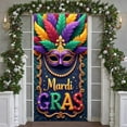 thumbnail image 3 of Colorful Feather Mardi Gras Banner Gold Fleur-de-lis Carnival Display Purple Mask Green Feather Masquerade Backdrop for Carnival Party Mardi Gras Celebration Festival Decoration, 3 of 9