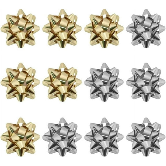 PMU Decorative Star Gift Bows Small 2in Metallic Gold and Silver Assortment (12/Pkg) Pkg/1