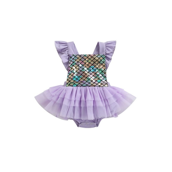 Baby Girls Romper Dress Fly Sleeve Mermaid Scale Print Tulle Tutu Bodysuit Summer Clothes