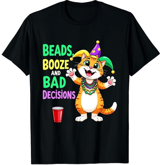Matching Mens Womans Funny Meowdi Gras Cat Mardi Gras Graphic Crew Neck Short Sleeve T-Shirts (Men's, Women's)
