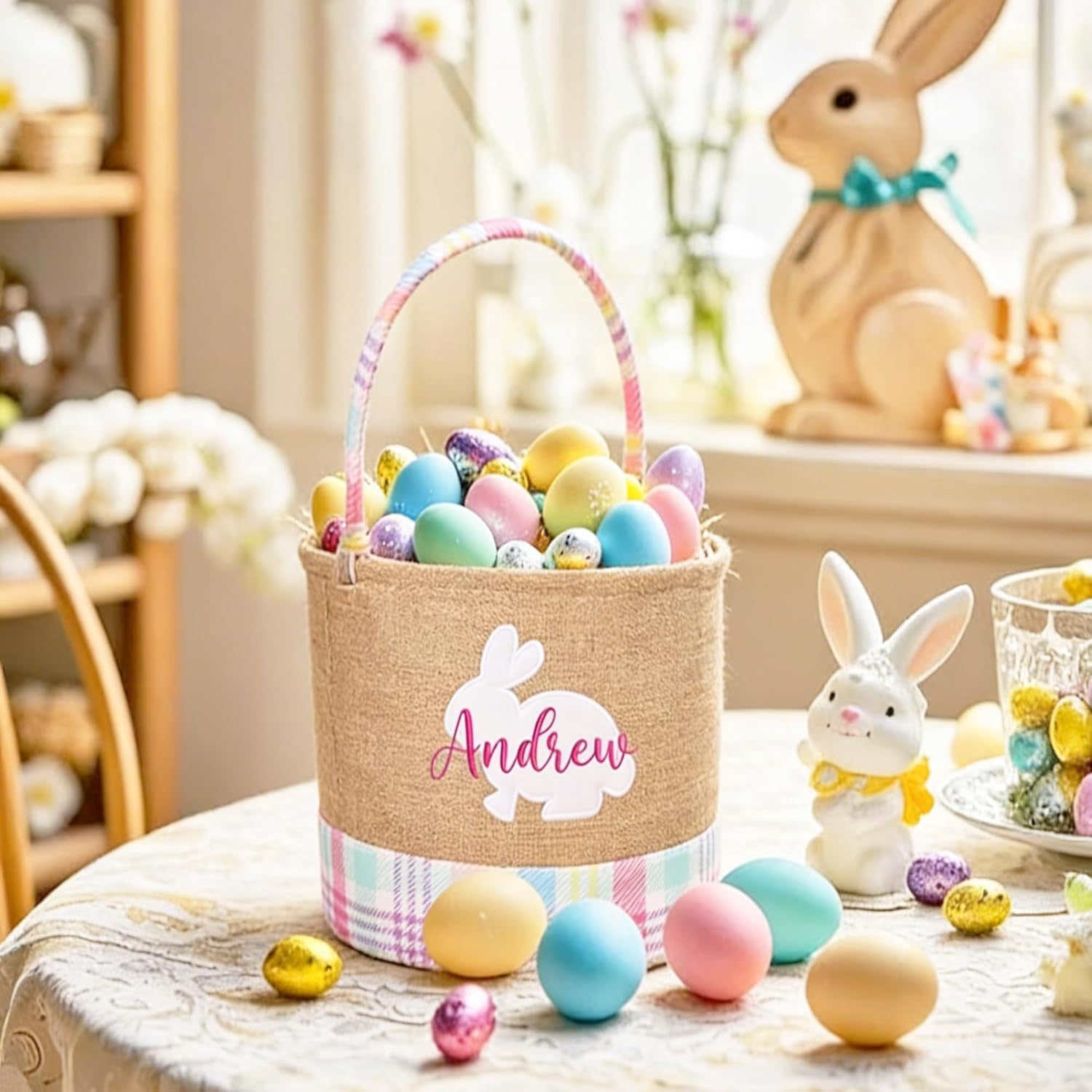 Personalized Easter Basket For Kids, Custom Name Embroidered Bunny Storage Bucket, Rabbit Egg Hunt Tote Bag, Handmade Decor, Baby Shower Birthday Gift
