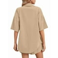 thumbnail image 2 of Women 2 Piece Outfit Summer Short Sleeve Top and Shorts Sweatsuit Set Khaki M, 2 of 6