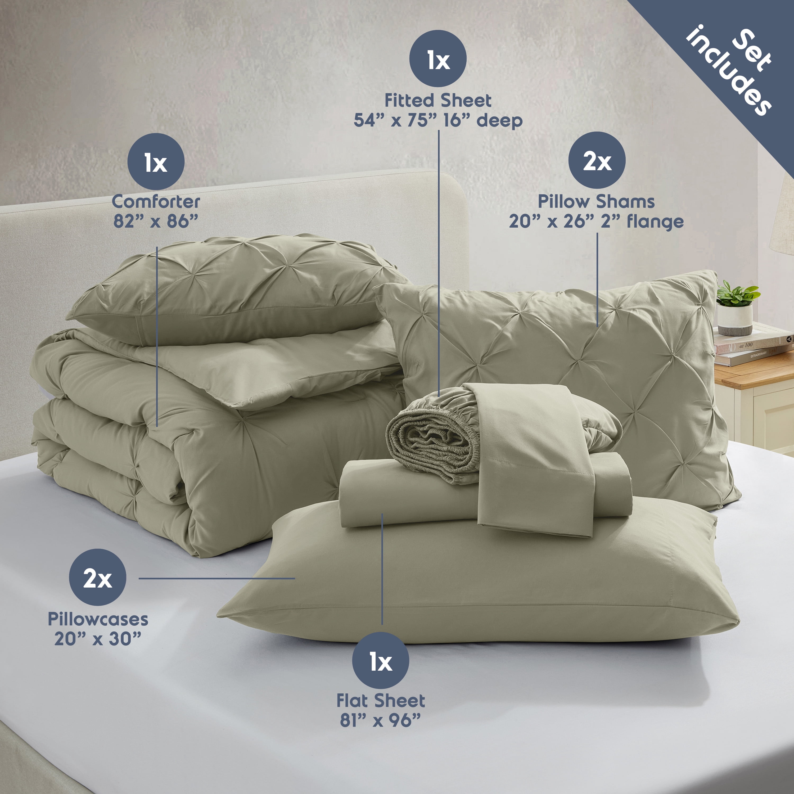 LammaLoe Full Size Comforter Sets, 7 Piece Bed In A Bag Pintuck Bedding Sets, Light Sage