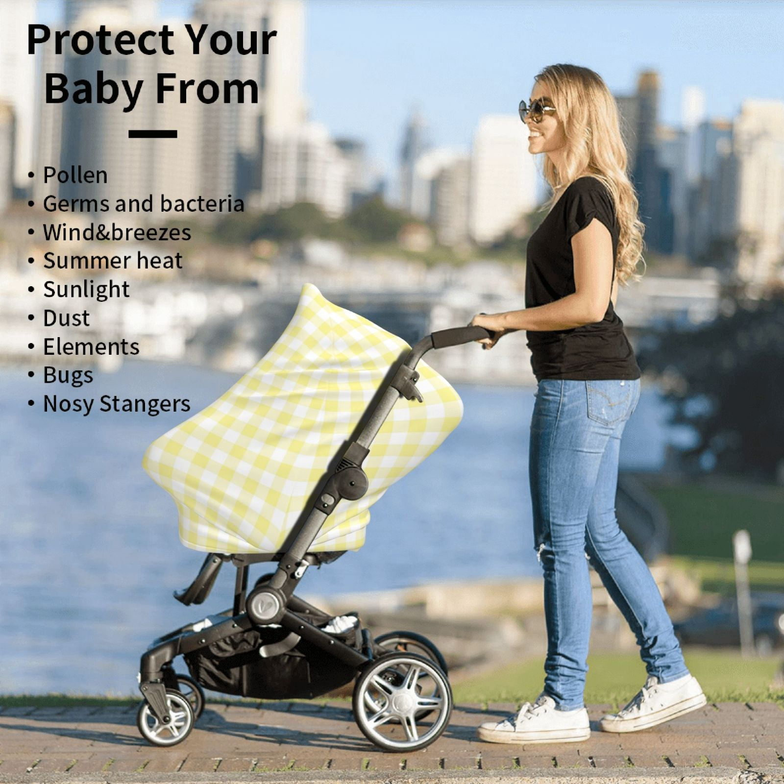 Fotbe Lemon Yellow Checkboard Pattern Car Seat Covers for Babies, Nursing Breastfeeding Cover Infant Carseat Canopy, Soft Stretchy Carrier Cover