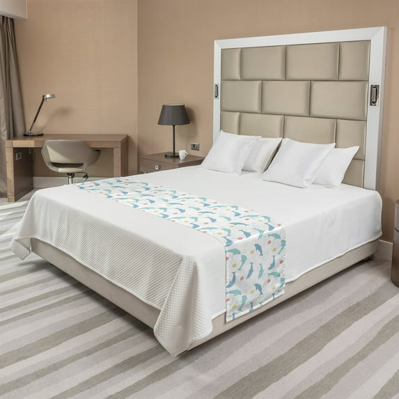 Dolphin Bed Runner, Rhythmic Playful Big Fish with Balls in Outline Style and Pastel Colors, Decorative Accent Bedding Scarf for Hotels Homes and Guestrooms, King, Multicolor, by Ambesonne