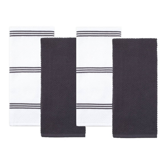 Sticky Toffee Large Terry Cotton Kitchen Towels, Stripe Design, Absorbent, Set of 4, Gray/White
