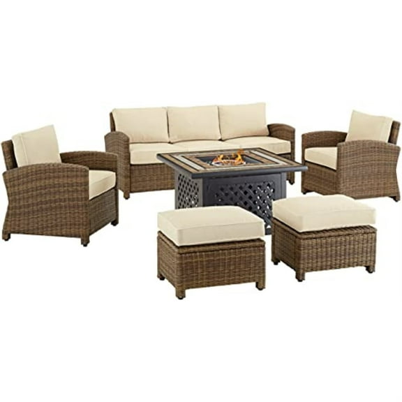 Crosley Furniture Bradenton Sand/Weathered Brown 6 Piece Outdoor Wicker Sofa Set with Fire Table