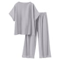thumbnail image 4 of ibuvkizy Women's 2 Piece Casual Outfit Set V Neck Button Front Short Sleeve Tops with Lace Trim & Elastic Waist Cropped Wide Leg Pants with Pockets,Lightweight Linen Blend Summer Matching Suit, 4 of 9