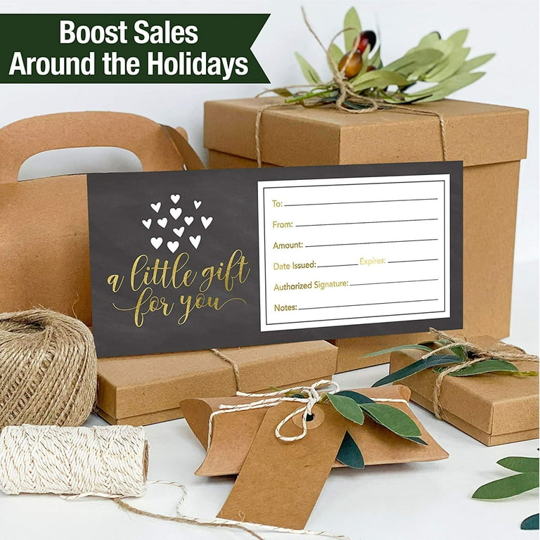 Blank Gift Certificates for Business - 25 Rustic Gift Certificate Cards  with for Spa, Salon, Restaurants, Custom Client Vouchers for Birthday, 4x9