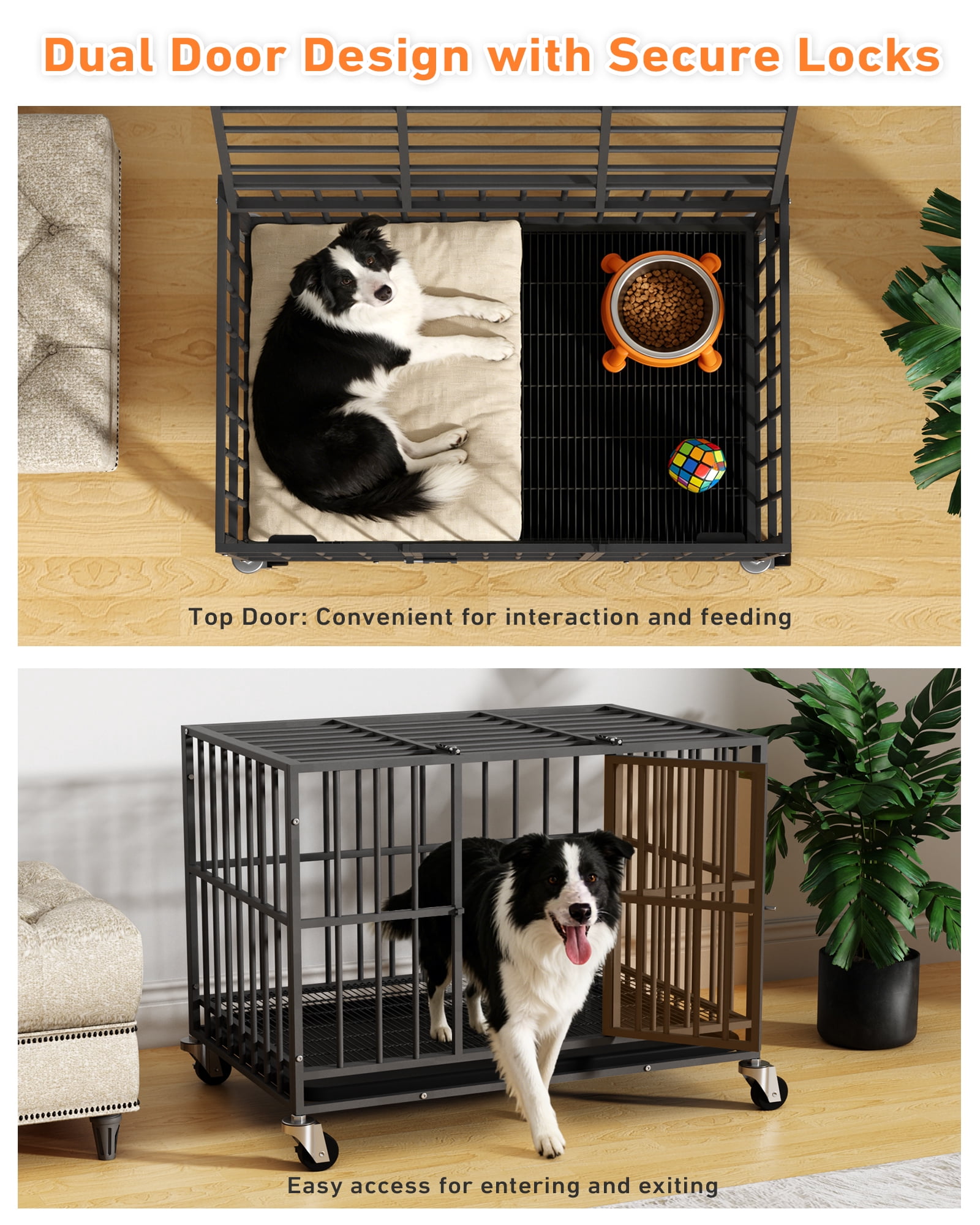 Time Ray 38 inch Dog Crate for Medium Dog with Steel Escape Proof,Heavy Duty Indestructible Dog Kennel with Double Doors,Lockable Wheels and Removable Tray,Black