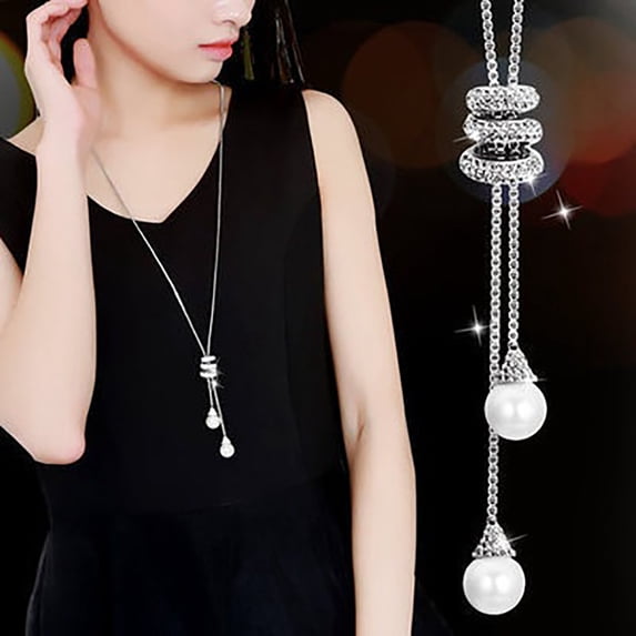 Naierhg Charm Rhinestone Faux Pearls Pendant Long Necklace Women Sweater Chains