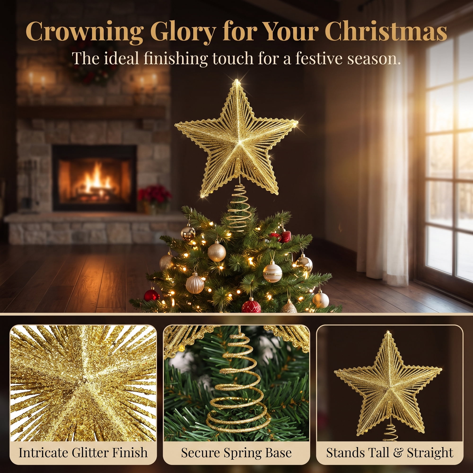 Unique Bargains Radiant Glitter Starburst Luxury Flexible Spring Tree Accent Gold 9.1"