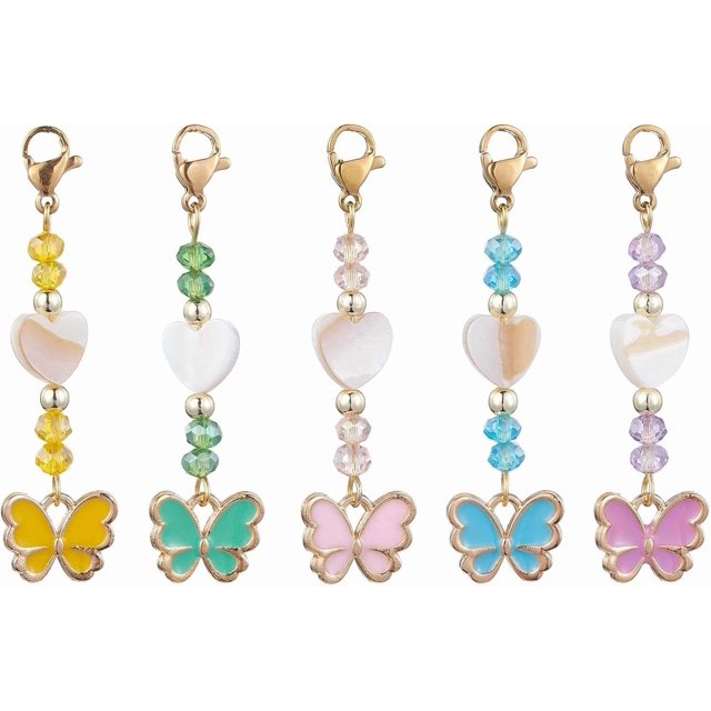 1 Juego de colgantes de mariposa, adornos de concha, vidrio y aleación esmaltada con cierres de mosquetón de acero inoxidable 304. Adorno para bolso de mariposa.