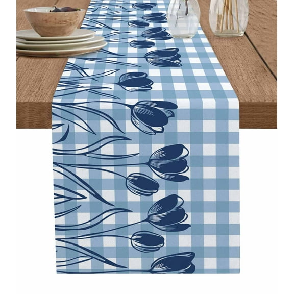 Hokiten Table Runners 36 Inches Long Dress Scarves, Tulip Flowers Farmhouse Kitchen/Dining Table Runner, Short Coffee Tablerunners, Pastoral Floral Botanical Blue Plaid 13x36 Inch