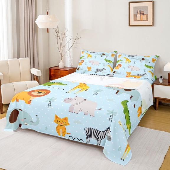 Homewish Geometric Polka Dot Twin Sheet Set (3-Piece) Zoo Animal Lion Giraffe Decor For Boys Kids