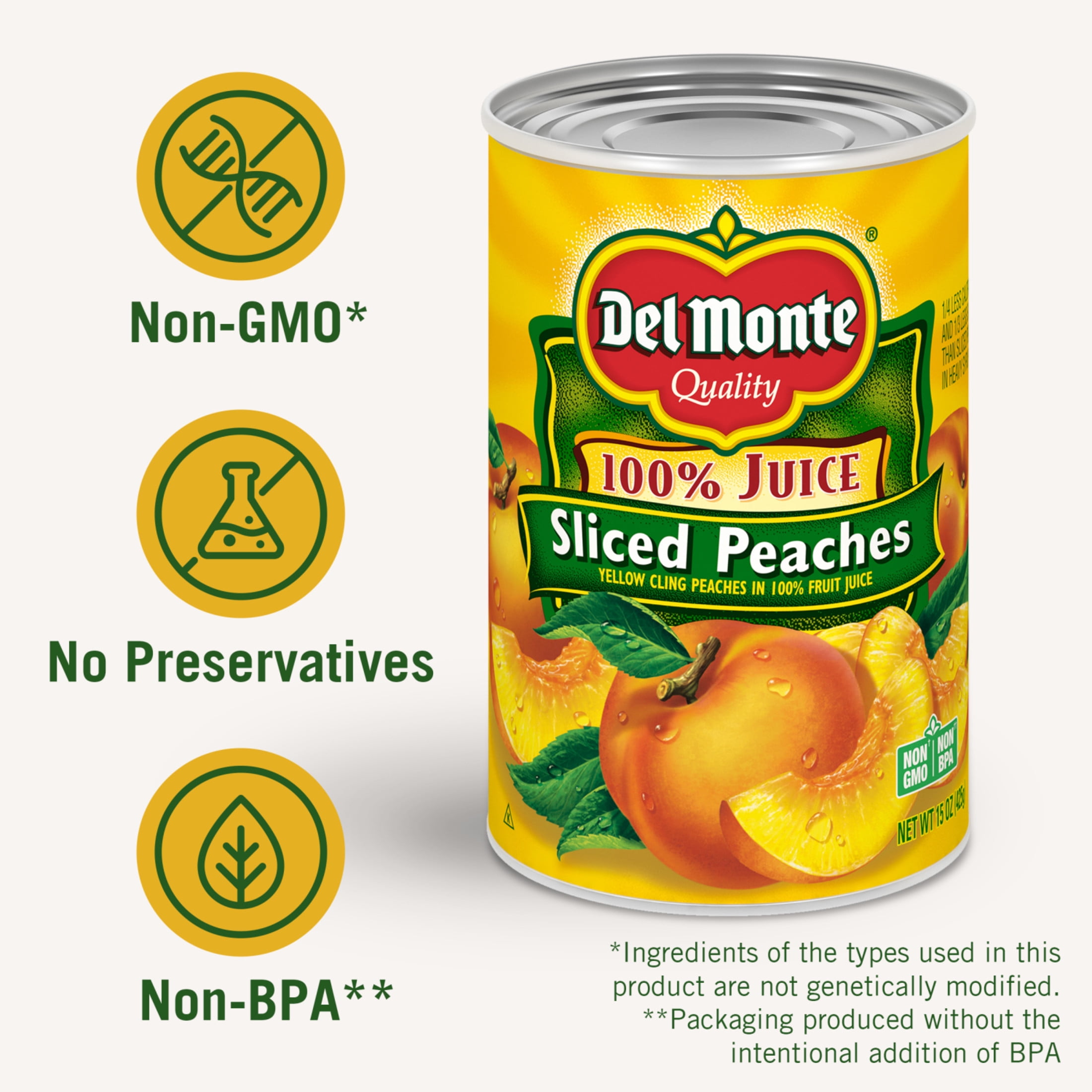 Del Monte Yellow Cling Sliced Peaches in 100% Juice 15 oz - Pack of 2