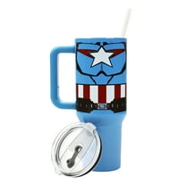 Bioworld Marvel Captain America Costume & Shield Vacuum Insulated 40 Oz Blue Stainless Steel Tumbler with Leak-Proof Lid & Easy Carry Handle for Travel or Home
