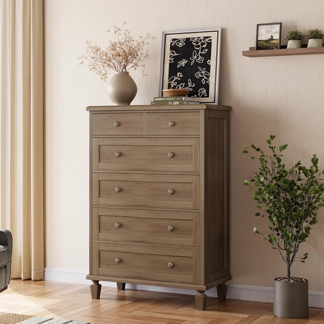 Commode Vintage à 6 Tiroirs pour Chambre, Grande Commode en Bois avec Pieds Fuselés, Commodes et Chiffonniers pour Salon, Brun Pâle