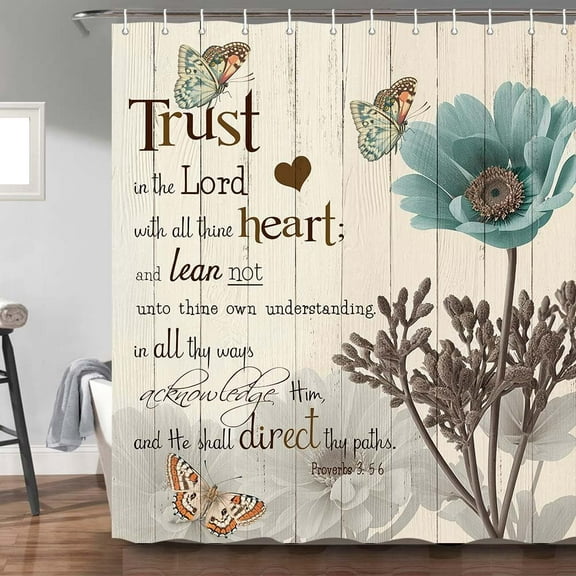 Rustic Elegant Teal Flower Shower Curtain, Bible Verse Inspirational Motivational Quote Waterproof Fabric Shower Curtain Set, Polyester Vintage Farmhouse Floral Bathroom Decor with Hooks 72x72 Inch