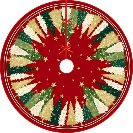 48 Inch Christmas Tree Skirt,Red Xmas Tree Skirt with Gold & Green Trees, Vintage Christmas Tree Mat for Holiday Decor, Large Christmas Tree Skirt for Home Party Holiday Decor