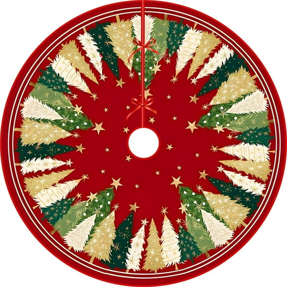48 Inch Christmas Tree Skirt,Red Xmas Tree Skirt with Gold & Green Trees, Vintage Christmas Tree Mat for Holiday Decor, Large Christmas Tree Skirt for Home Party Holiday Decor