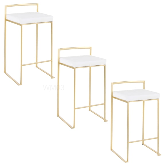Modern Velvet Counter Stools Set of 3, Gold Stackable Bar Stools with White Cushion for Kitchen Island