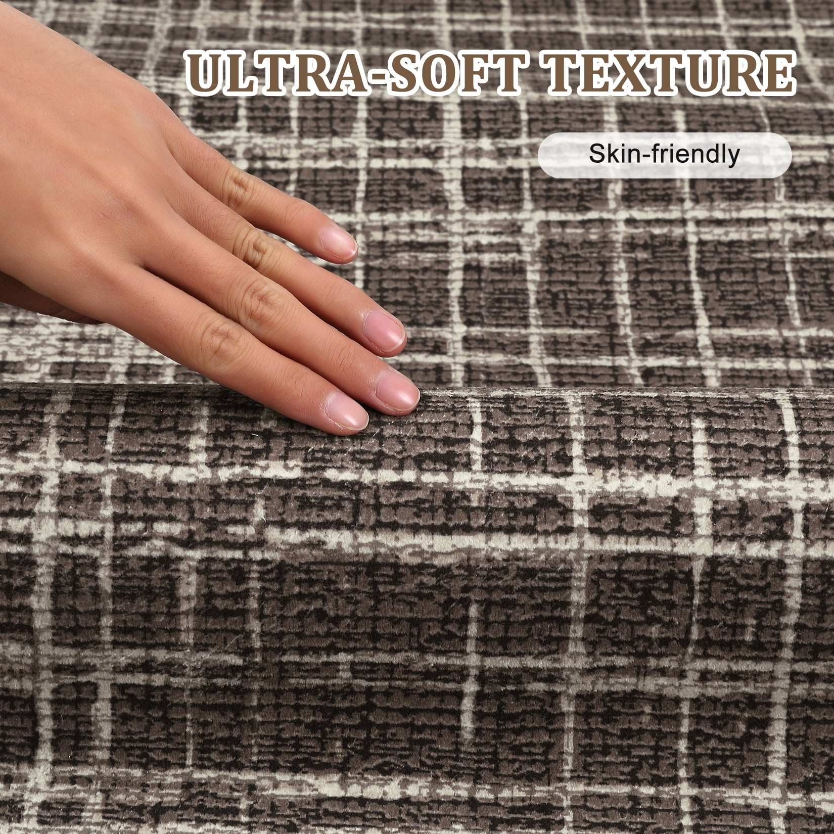 Hasoo Modern Washable Large 9' x 12' Geometric Grid Area Rug for Living Room Soft Indoor Carpet, Brown