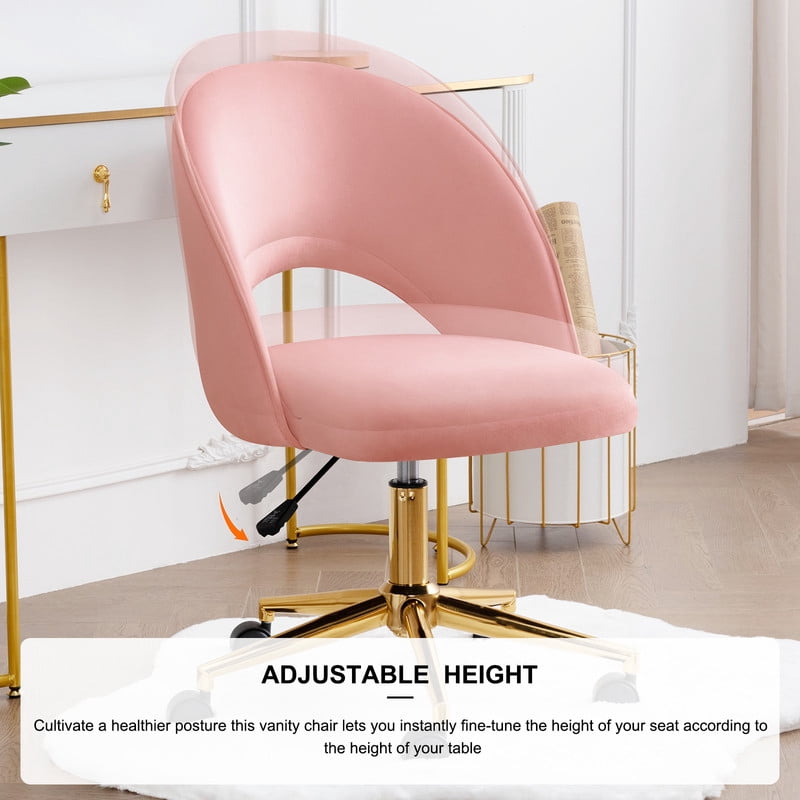Modern Upholstered Office Chair, Adjustable Armless Desk Chair with Gold Metal Base and Rolling Casters, Accent Vanity Chair for Home Office, Bedroom, Makeup Room,Pink