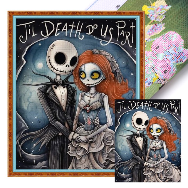 (11CTACC-4843__C__40X50) Hilo algodón ecológico bordado 11CT 3 hebras impresión 40*50cm Kit serie personajes punto cruz Skull Jack y Sally