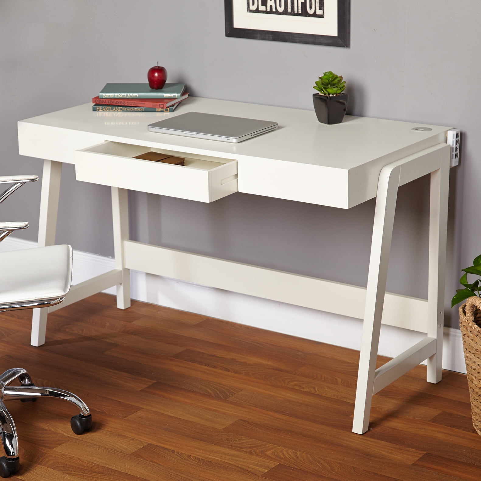 Easyfashion Corner Writing Desk with Storage Drawer, White