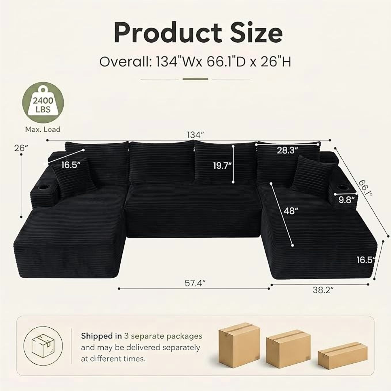 Howcool 134" Modular Cloud Couch, U-Shaped Sectional Sofa with Double Chaise, Oversized Deep Seat Boneless Corduroy Sofa with Cup Holders & Side Pockets, No Assembly Required, Black
