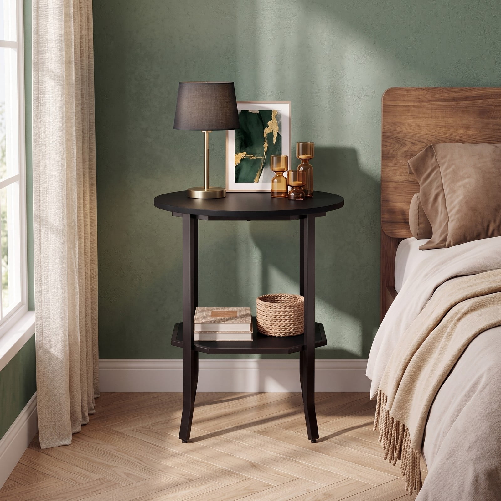 Furnibear Round Side Table Small End Table with Storage Shelf, 2-Tier Nightstand Sofa Couch Bedside Table for Small Space Living Room Bedroom, Black