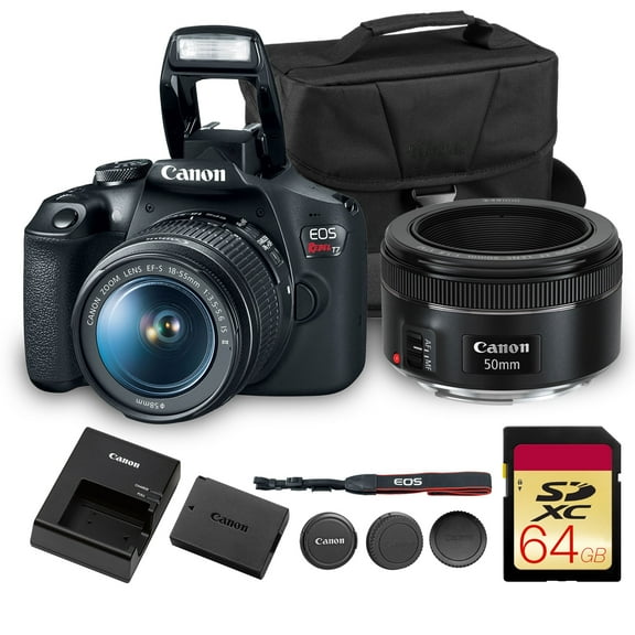 Canon EOS Rebel T7 DSLR Camera Kit | 24.1MP APS-C Sensor with EF-S 18-55mm Lens | Full HD 1080p Video Compact Beginner-Friendly Photography (2727C002)   Canon 50mm Lens   Bag   64GB Card