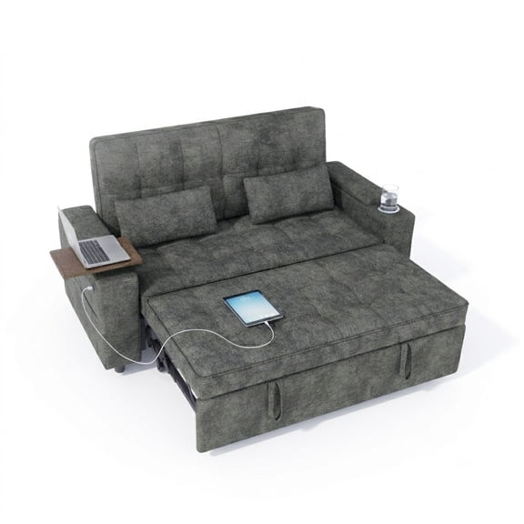 Howcool 65" Sleeper Sofa Bed, 3-in-1 Convertible Pull Out Couch Bed with Tray Table & Cup Holders, Chenille Loveseat Sofa with Adjustable Backrest for Living Room, Apartment(Dark Grey)