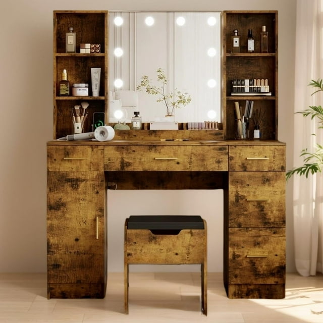 BeesClover Ensemble de Coiffeuse de Ferme avec Miroir Éclairé, Coiffeuse Moderne de 56 Pouces avec Station de Charge et Étagères de Rangement, Table de Maquillage pour Femmes et Filles, 3 Modes d'Éclairage, Luminosité Réglable