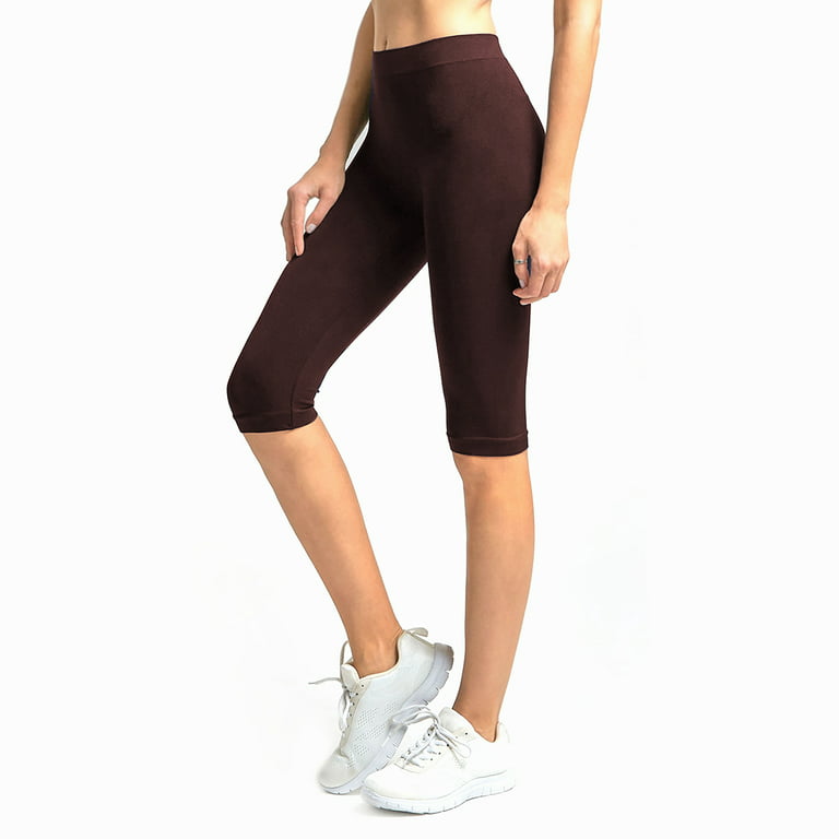 Solid Knee Length Short Spandex Yoga Leggings 3 Pack (Black, Neon Pink,  Brown) 