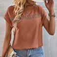 thumbnail image 2 of Women T Shirt Hollow Out Round Neck Plain Casual Comfortable Short Sleeve Top for Home Daily Leisure Brown XL, 2 of 8