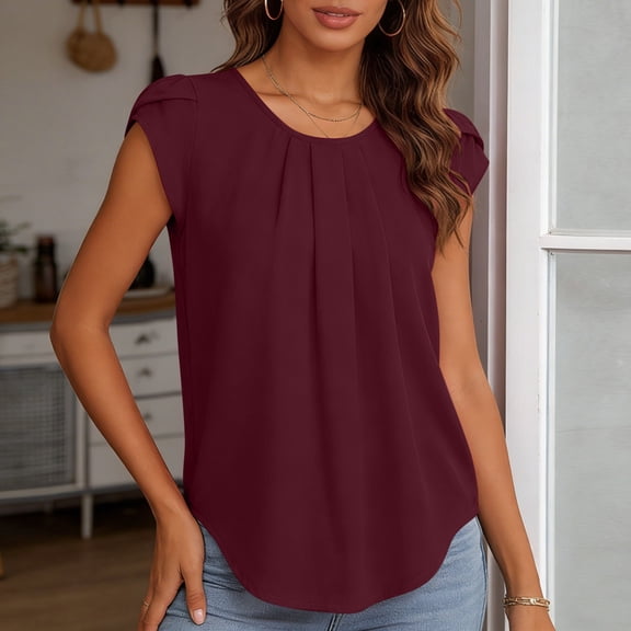 PInxai Business Casual Tops for Women Chiffon Round Neck Short Sleeve Pleated Blouses Loose Fitting Office Tops S-5xl
