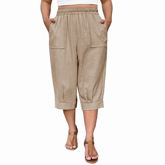 Plus Size Women's Cotton Linen Casual Capri Pants Pockets Elastic High Waist Cropped Trousers Versatile Bottoms for Daily Life and Travel